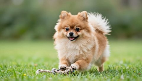 Chó phốc sóc chơi dây thừng trên cỏ, nắng sớm