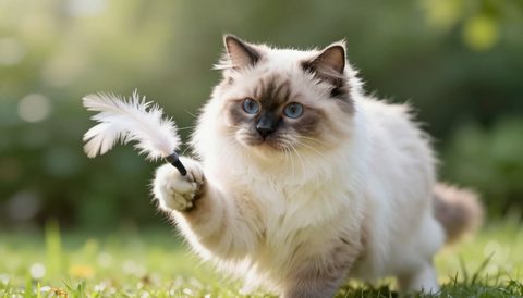 Mèo ragdoll vờn đồ chơi lông vũ, nắng sớm