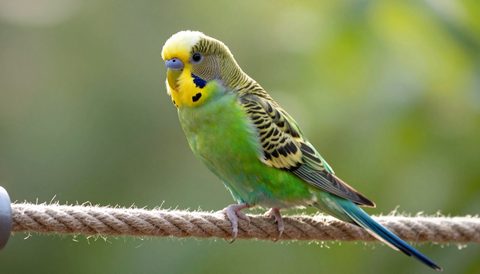 Budgerigar playing on a rope perch, morning light