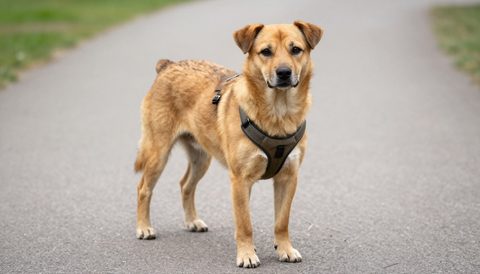 Mixed-breed dog out for a walk in a harness