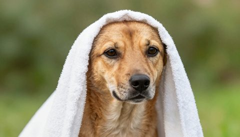 Mixed-breed dog in a towel after a bath, morning light
