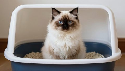 Ragdoll cat next to a litter box