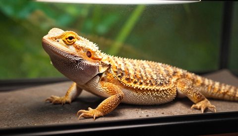 Bearded dragon basking under a lamp, morning light