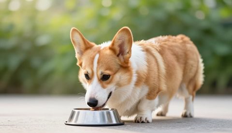 Chó corgi ăn trong bát, nắng sớm