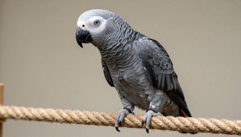 African grey parrot playing on a rope perch