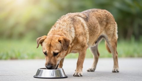 Mixed-breed dog eating from a bowl, morning light