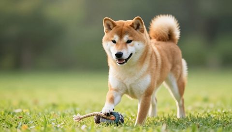 Shiba inu playing with a rope toy, morning light