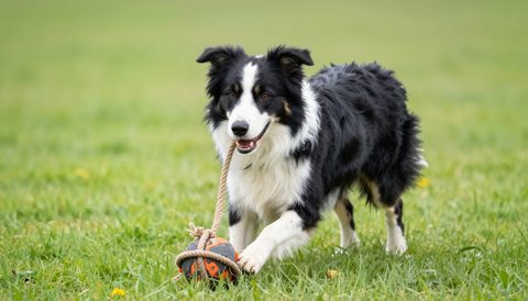 Border collie playing with a rope toy
