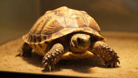 Tortoise basking under a lamp, golden hour