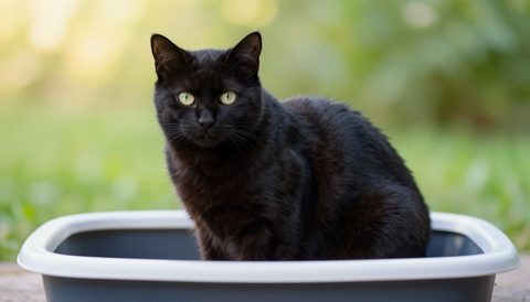 Black cat next to a litter box, morning light