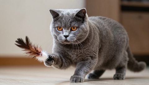 British shorthair playing with a feather toy