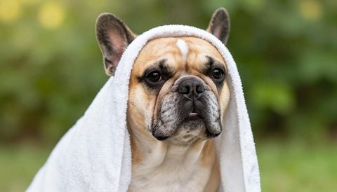 French bulldog in a towel after a bath, morning light