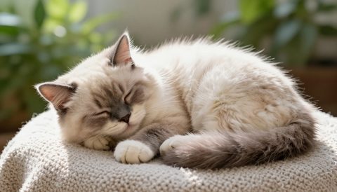 Ragdoll cat curled up asleep, morning light