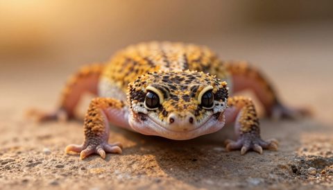 Leopard gecko on a flat stone, golden hour