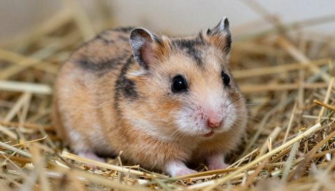 Hamster Syrian nằm trên cỏ khô