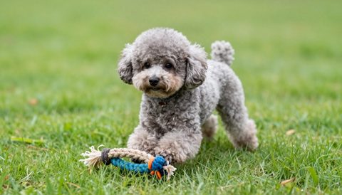 Toy poodle playing with a rope toy