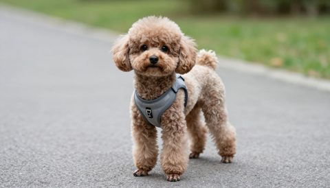 Toy poodle out for a walk in a harness