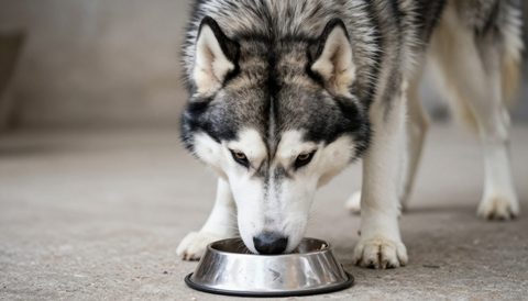 Chó husky ăn trong bát