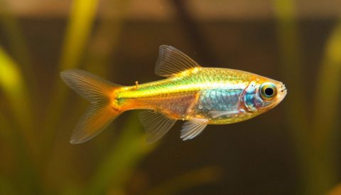 Neon tetra in a planted aquarium, golden hour