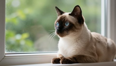 Siamese cat sitting by the window, morning light