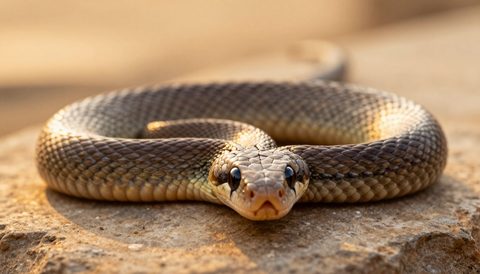 Corn snake on a flat stone, golden hour