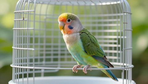 Vẹt lovebird trong lồng rộng, nắng sớm