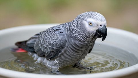 African grey parrot bathing