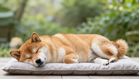 Shiba inu sleeping on a cushion, morning light