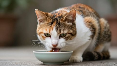 Calico cat eating from a bowl