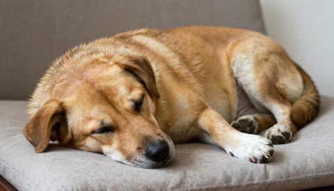 Mixed-breed dog sleeping on a cushion