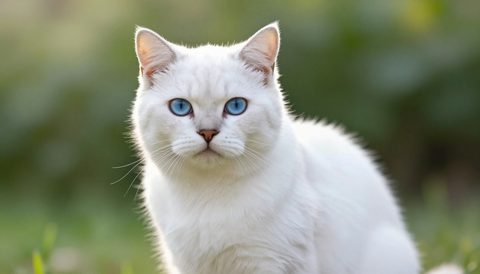 White cat sitting, looking at the camera, morning light