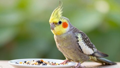 Cockatiel eating seeds, morning light