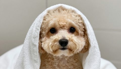 Chó poodle quấn khăn sau khi tắm