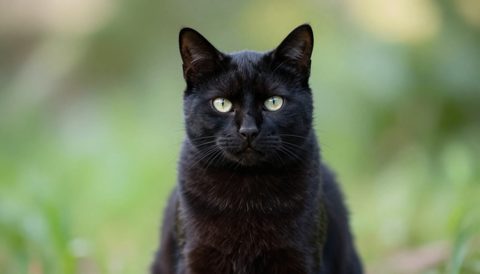 Black cat sitting, looking at the camera, morning light