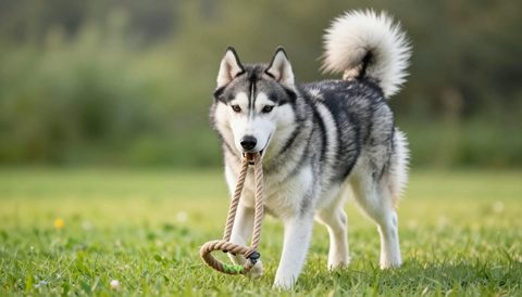 Siberian husky playing with a rope toy, morning light