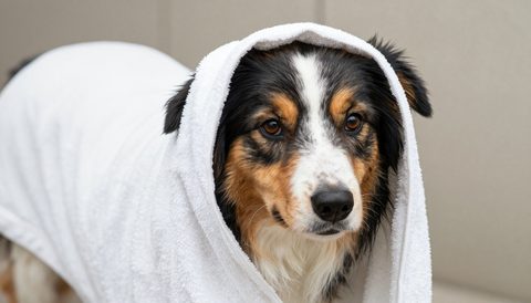 Chó border collie quấn khăn sau khi tắm