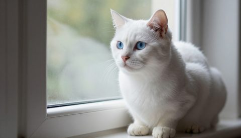 White cat sitting by the window