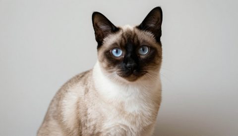 Siamese cat sitting, looking at the camera