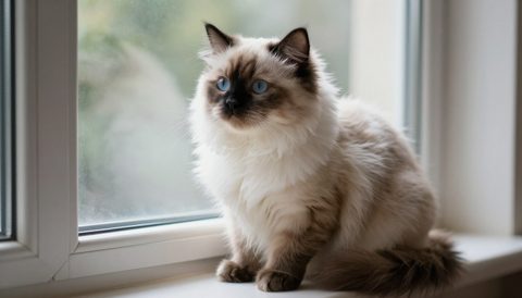 Ragdoll cat sitting by the window