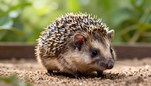 Pygmy hedgehog in a spacious enclosure, morning light