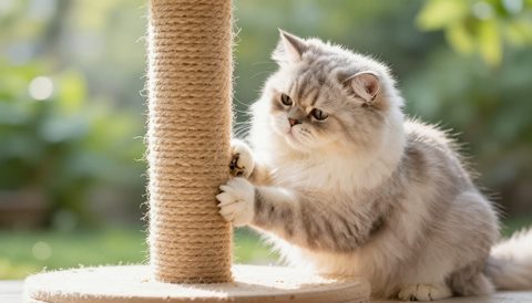Persian cat using a scratching post, morning light