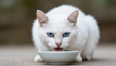 White cat eating from a bowl