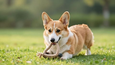 Corgi playing with a rope toy, morning light