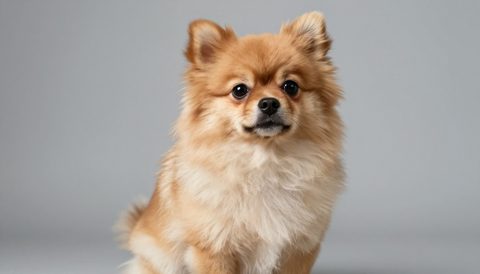 Pomeranian sitting, looking at the camera