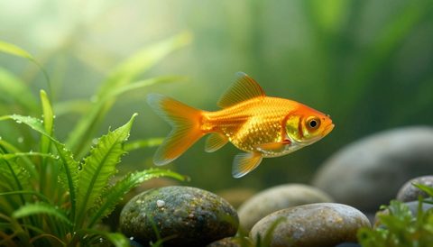 Cá vàng bên cây thuỷ sinh, nắng sớm