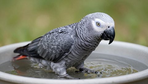 African grey parrot bathing