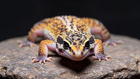 Leopard gecko on a flat stone, dark background