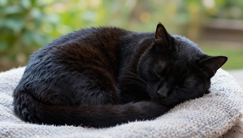 Black cat curled up asleep, morning light