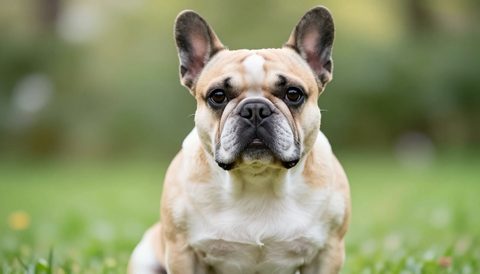 French bulldog sitting, looking at the camera, morning light