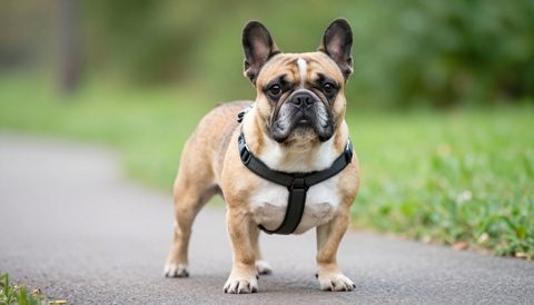 Chó bulldog Pháp đeo yếm đi dạo, nắng sớm